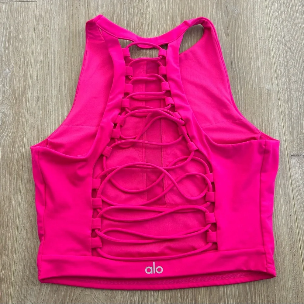 Alo Yoga Movement Longline Strappy Back Sports Bra Hot Pink Size Medium - Picture 3 of 6